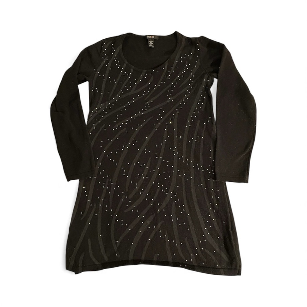 Black crystal scoop neck tonal design long sleeve flare hem sweater Sm